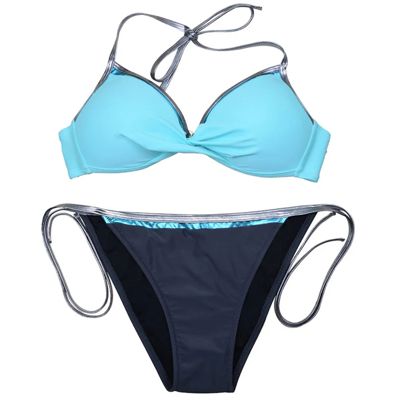 2025 New Sexy Two-piece Bikini Women's Patchwork Halter Swimsuit Hollow Backless Swimwear Tight Cross Push Up Beach Bathing Suit Aviola