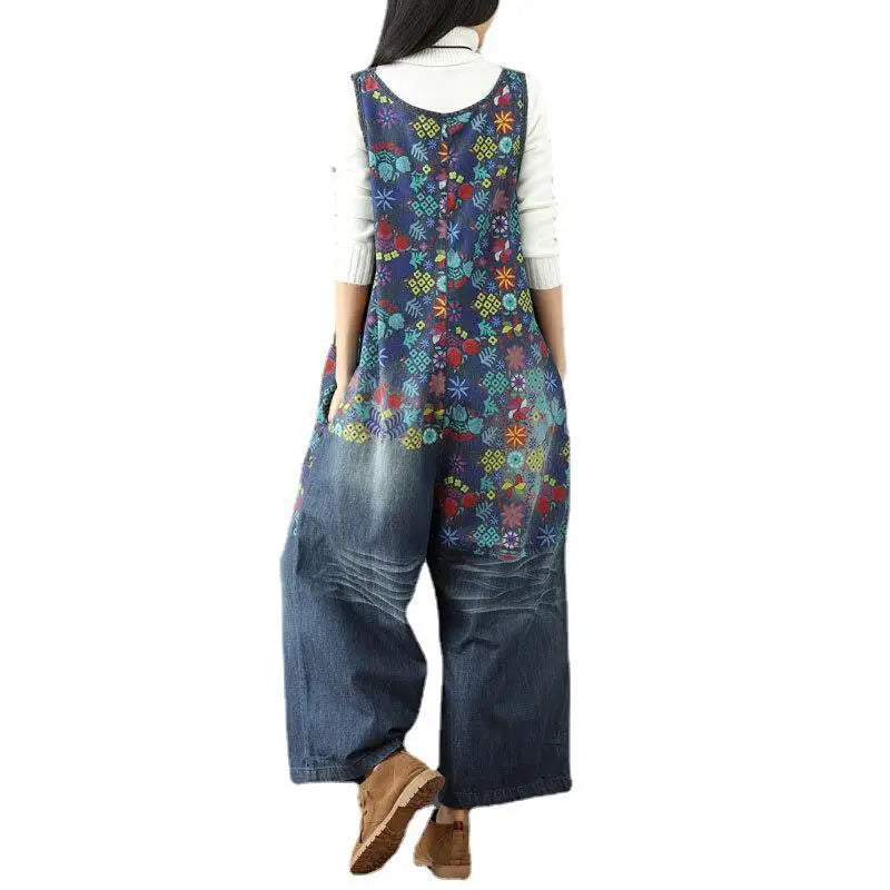 Jean Women Overalls Washed Denim Bleached Wide Leg Pants Hole Ripped Ankle Length Jeans Distressed Pockets Print Casual Aviola