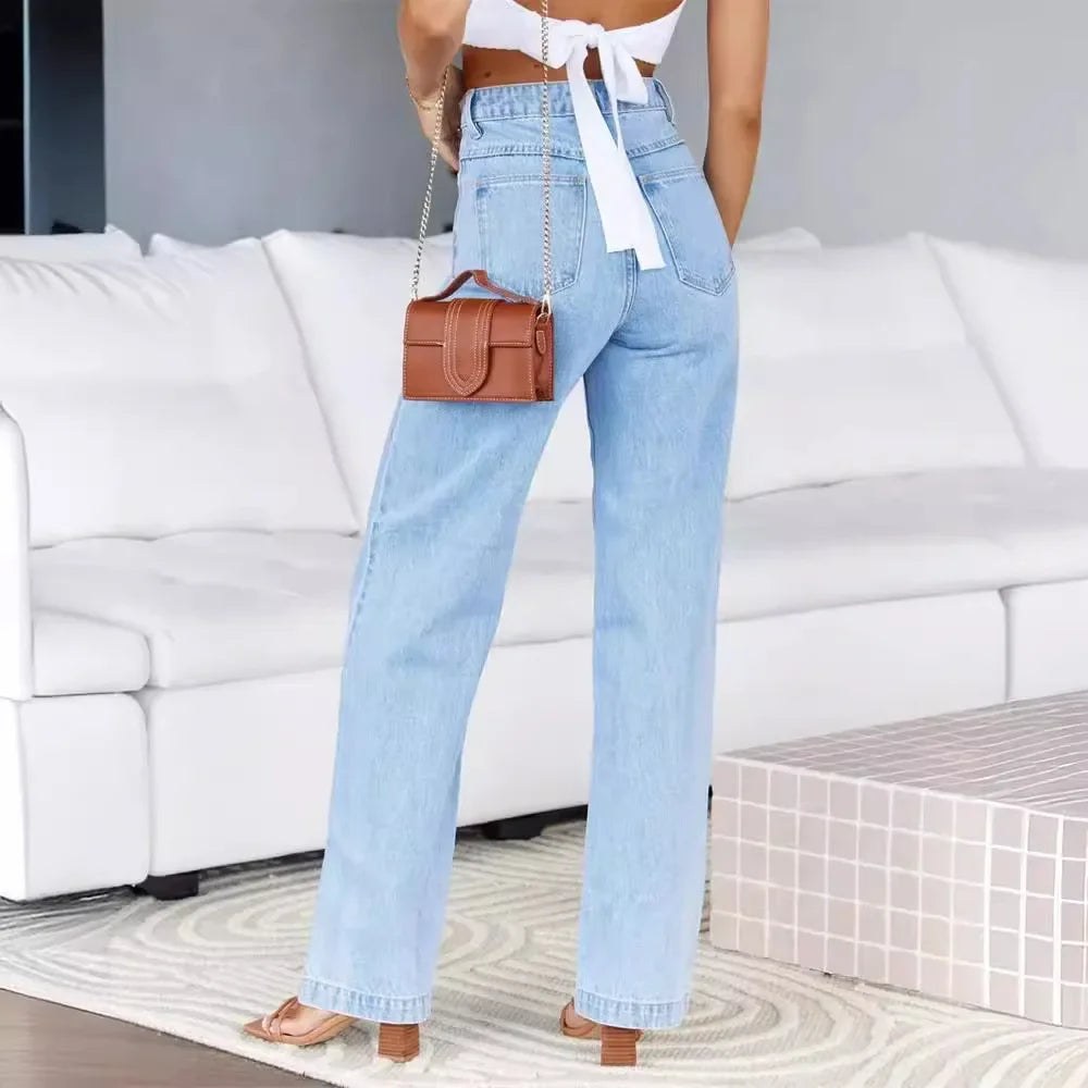 Women Jeans Straight Pants Denim Washing High Waist Loose Fit Pockets Button Basics Wide Leg Trousers Solid Color 2024 Casual Aviola