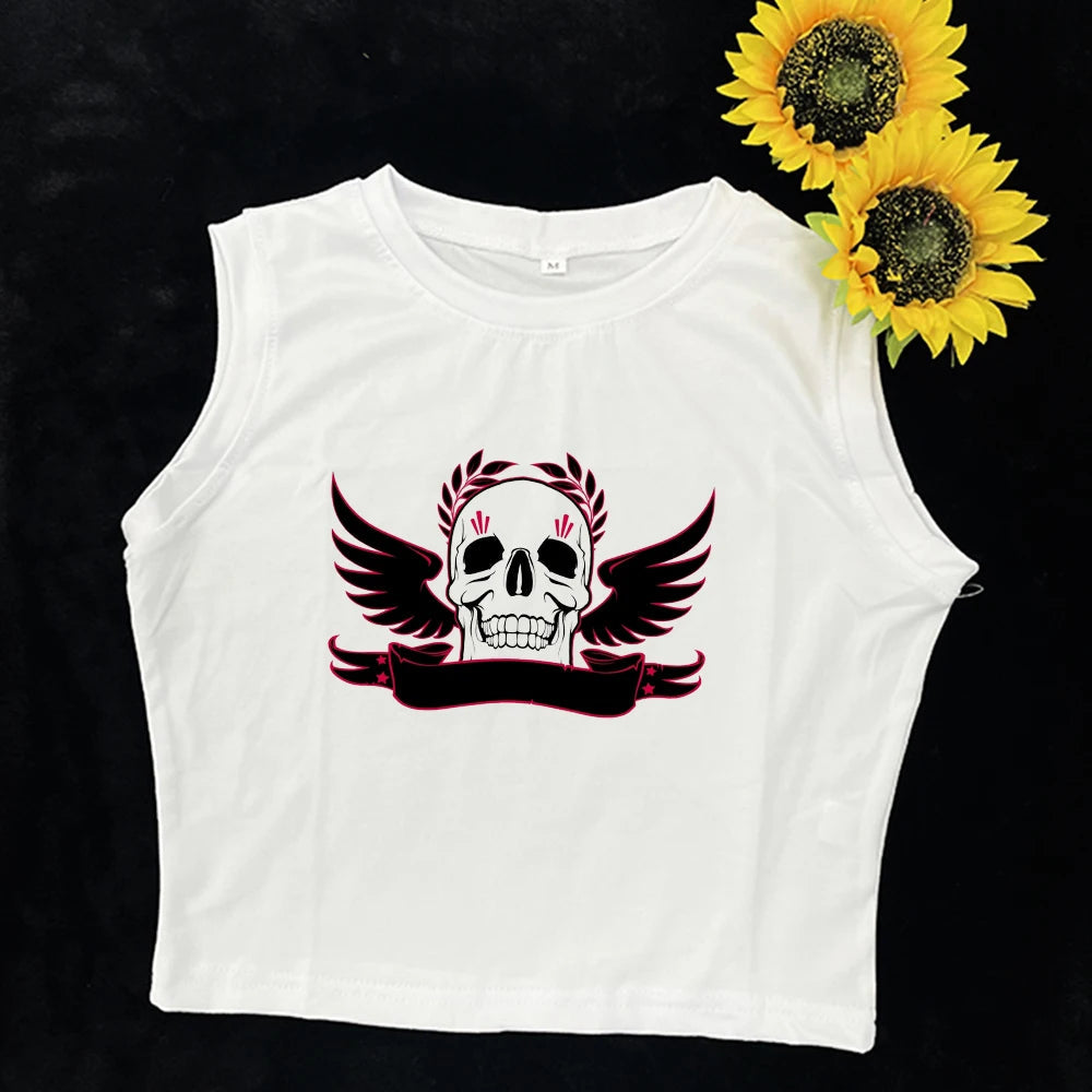 2024 Europe and the United States street new skull series printed short sleeve women Y2K women's T-shirt vest strap inside Aviola