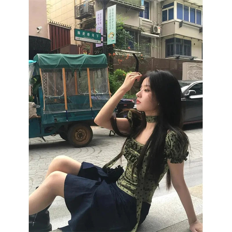MEXZT Vintage Polka Dots Shirts Women Elegant Cropped Puff Short Sleeve Blouses Summer Korean Square Collar Slim Design Tops New Aviola