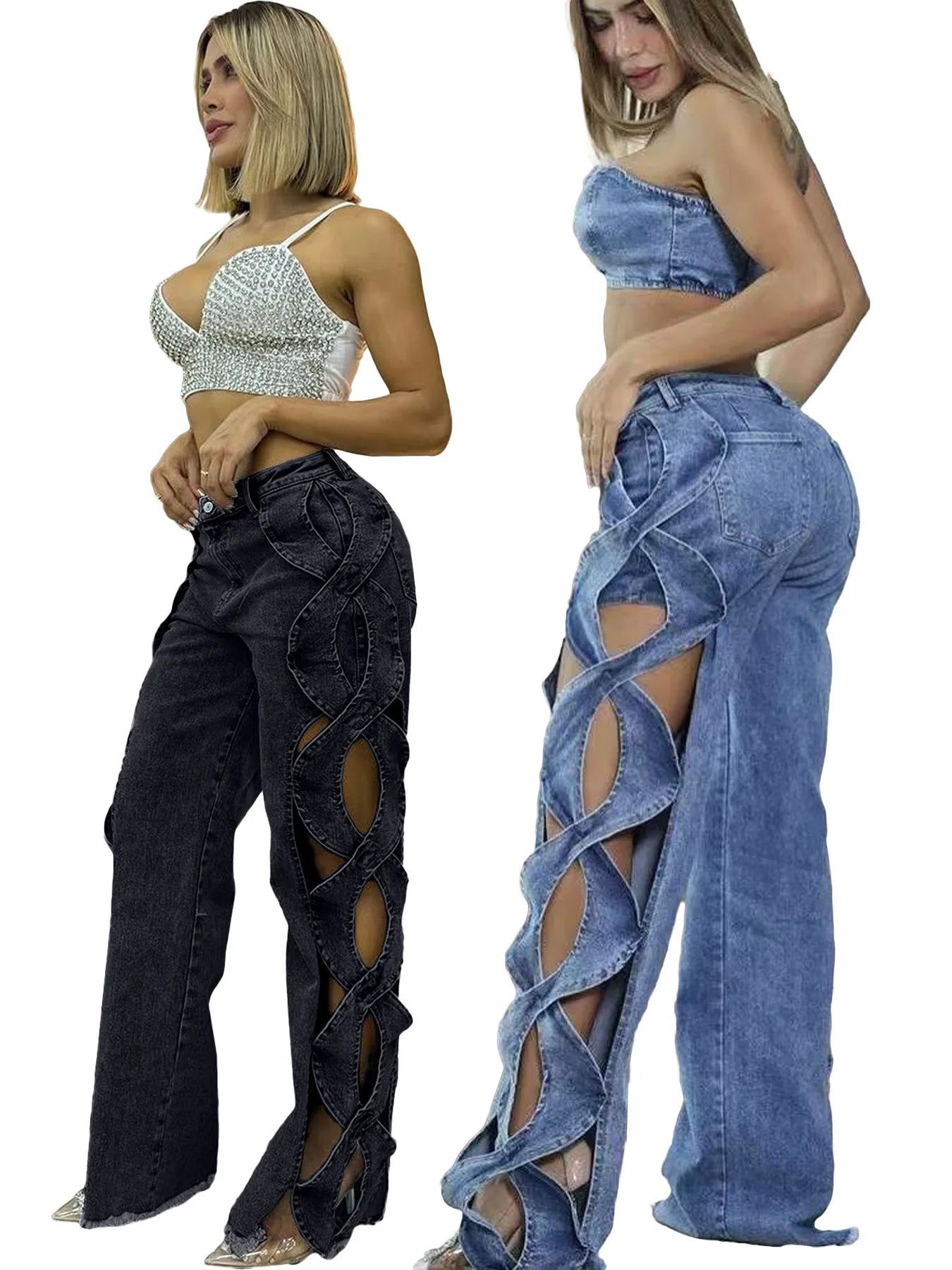 Denim Pant Women Jeans Long Pants Hollowed Out High Waist Straight Trousers Y2k Streetwear Casual Mom Jeans Night Club Summer Aviola
