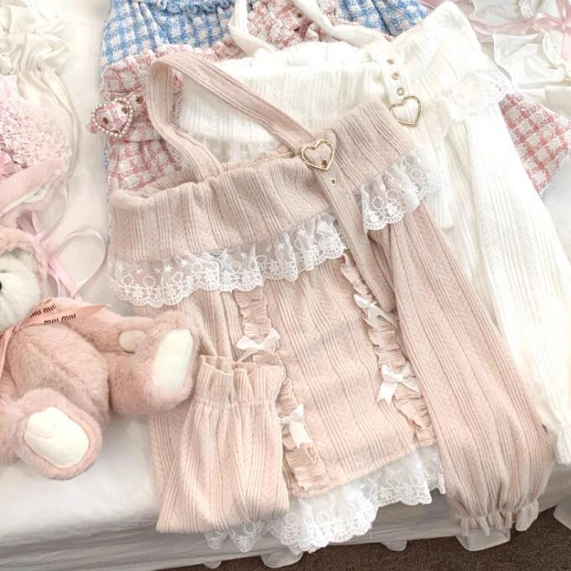 MEXZT Kawaii Pink Slash Neck Sweater Women Lolita Lace Patchwork Knitted Pullovers Y2K Cropped Halter Knitwear Aesthetic Jumpers Aviola