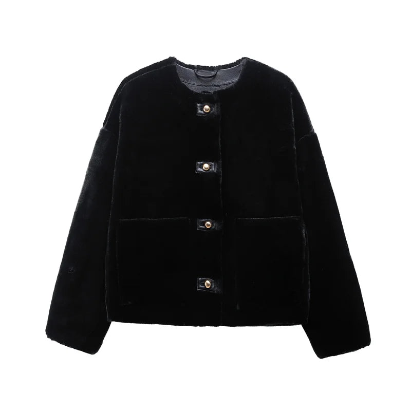 RARF 2025 new Fall/Winter new women's black fashion temperament inner leather faux fur jacket short coat top Aviola