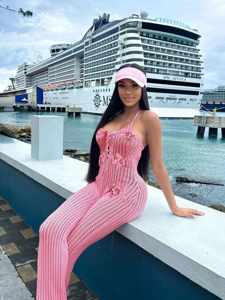 Nibber Knitted Lace-Up Jumpsuit Women Backless Halter Flower Applique Sleeveless 2025 Summer Vacation Trend Classic Overalls Aviola