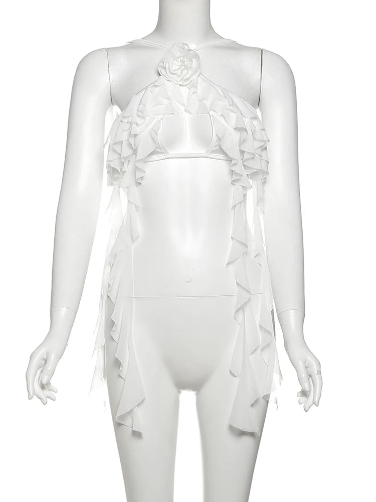 Nibber Tassel Camisole Women Mesh 3d Flowers Tierred Lace-Up Cross Sleeveless Backless Sexy Midnight Summer Coquette Mini Tops Aviola