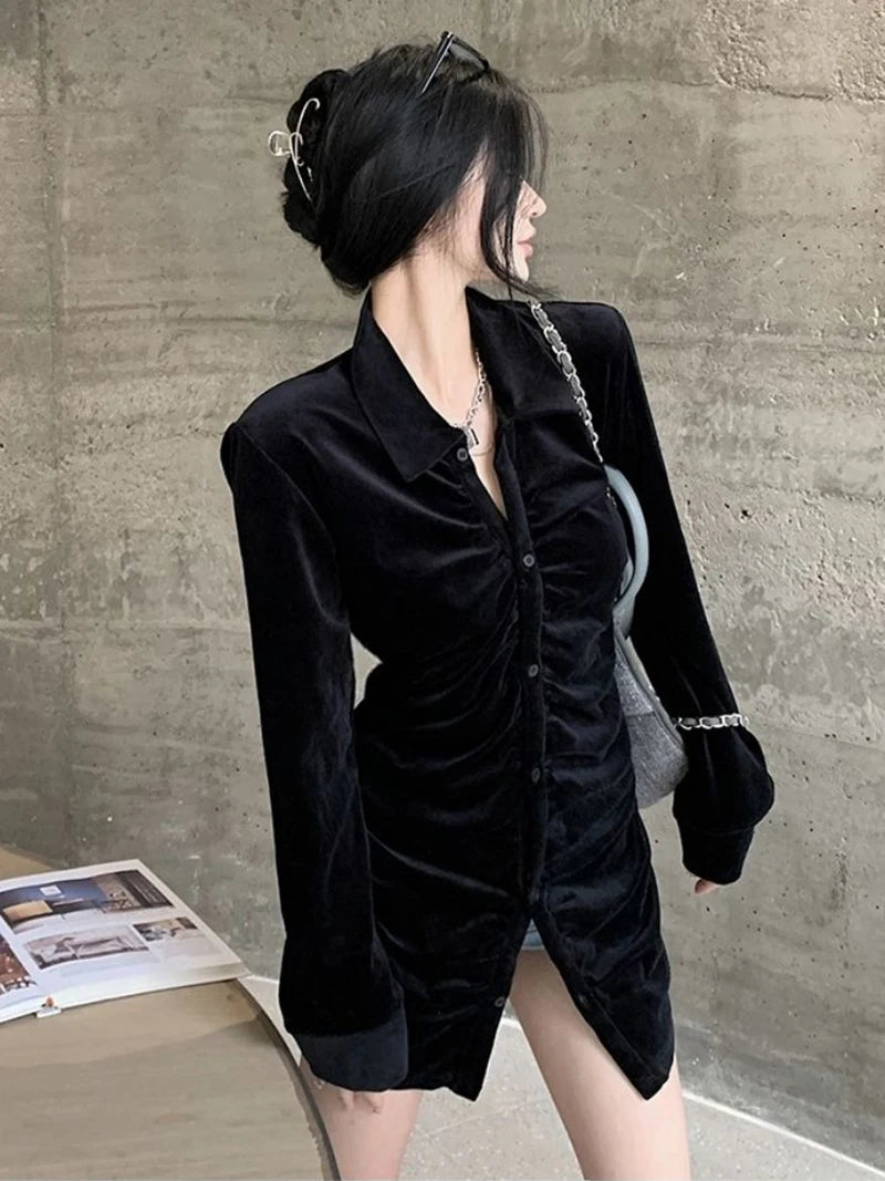 MEXZT Vintage Shirts Women Black Velvet Pleated Blouses Korean Elegant Folds Turn Down Collar Long Sleeve Slim Chic Casual Tops Aviola