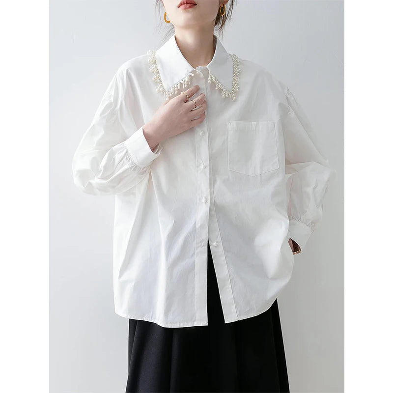 MEXZT Elegant White Shirts Women Fashion Beading Patchwork Blouses Office Ladies Korean Long Sleeve Pocket Design Casual Tops Aviola