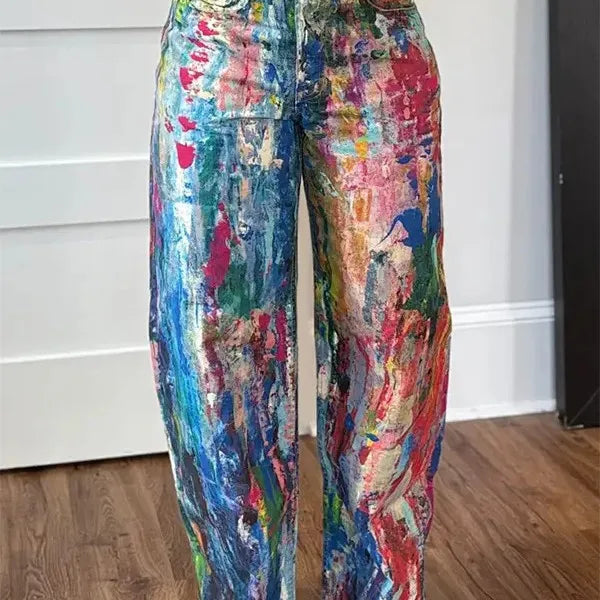 Denim Pant Women Jeans Wide Leg Long Pants Print High Waist Straight Trousers Y2k Streetwear Gothic Elegant Splice Work Casual Aviola