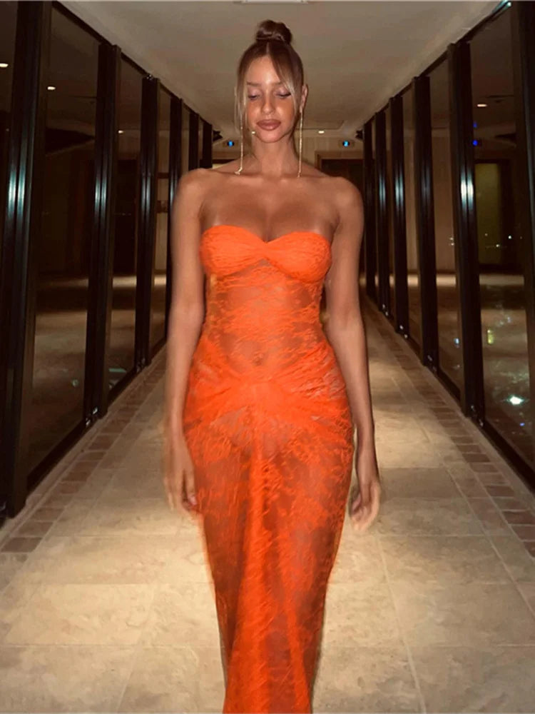Nibber Lace See-Through Sexy Woman Long Wrap Sleeveless Dress Coquette Ruffles Nightclub Party High Stretch Charming Vestidos Aviola