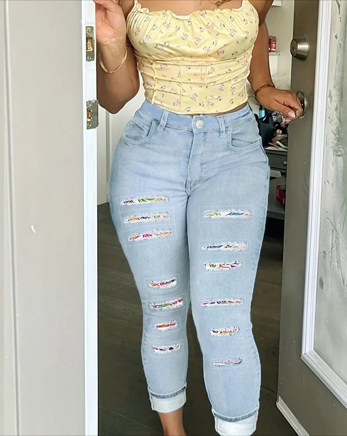 Bodycon Pencil Jeans Women Holes Splice High Waist Trousers Row Denim Pants Big Size Skinny Ankle Lenth 2025 Spring Mom Jeans Aviola