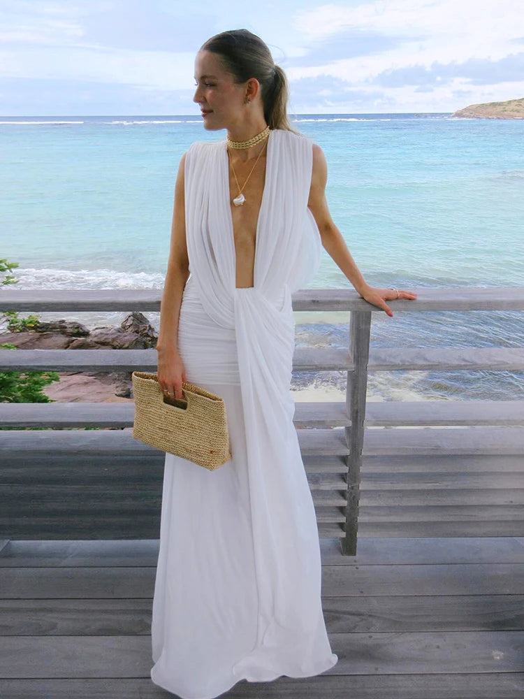 Nibber Wrap Ruched Temperament Dress Women Sexy Deep V-Neck Sleeveless High Elasticity Buttocks Beach Party Solid Long Bodycon Aviola