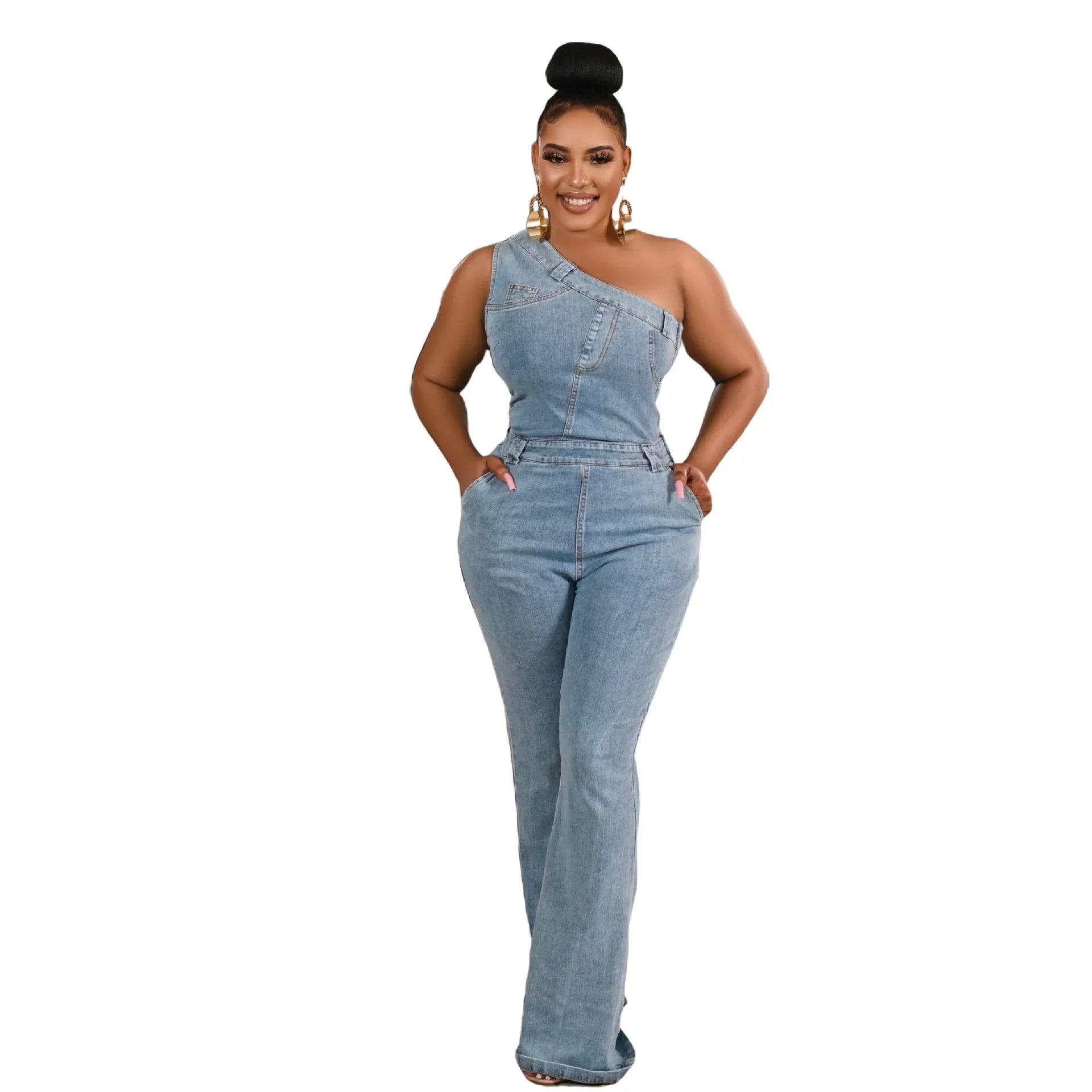 Flare Denim Pants Full Length Women Jeans One Piece Overalls Spliced Solid Jumpsuits Loose Pockets High Waist Basics Washed Aviola