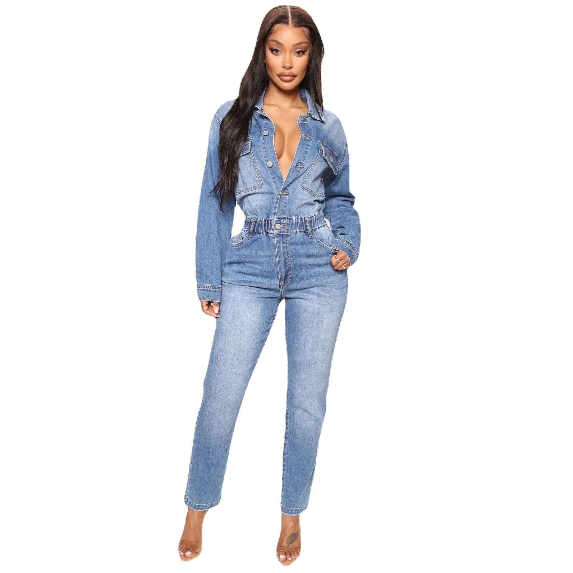 Women Jeans Jumpsuits Single Breasted Solid Denim Washing Overalls Pockets High Street Button Pencil Pants Ankle Length Aviola