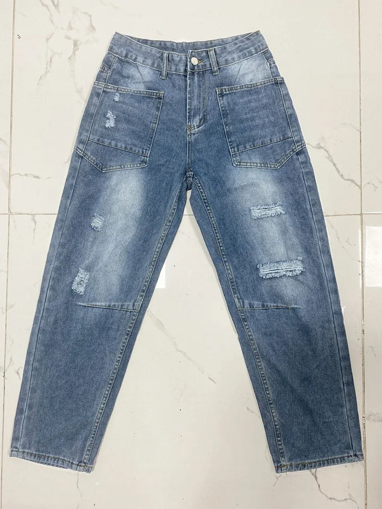 Denim Pant Women Jeans Long Pants Slim Club High Waist Straight Trousers Y2k Streetwear Elegant Causal Splice Work Hole 2025 Aviola