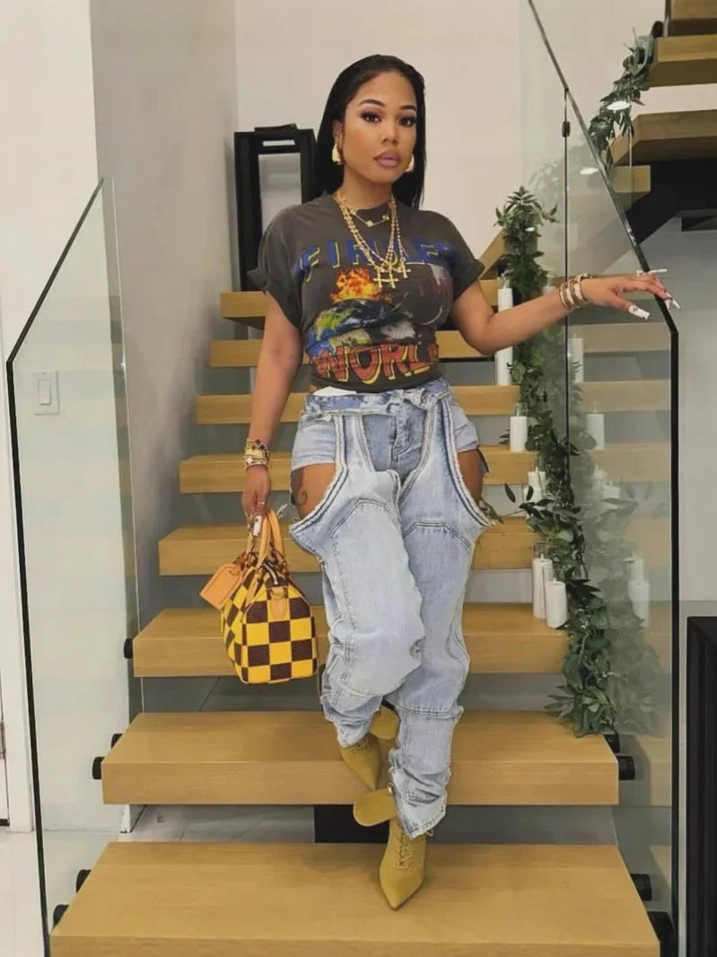 Mom Jeans Straight Pants Women Hollow Out Zipper High Strecth Pockets Irregular Denim Vintage Y2k 2025 Trousers Streetwear Aviola