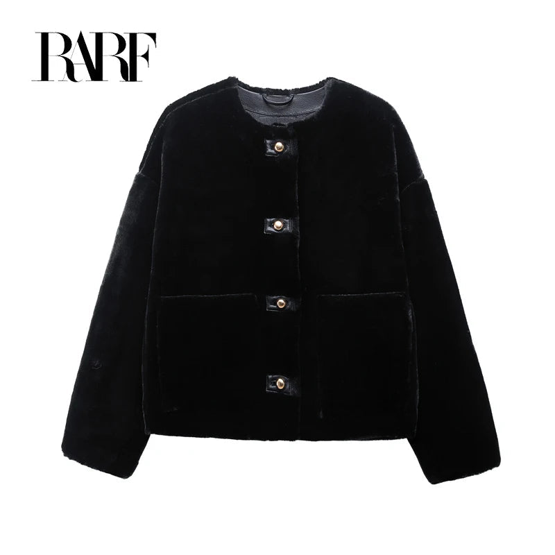 RARF 2025 new Fall/Winter new women's black fashion temperament inner leather faux fur jacket short coat top Aviola