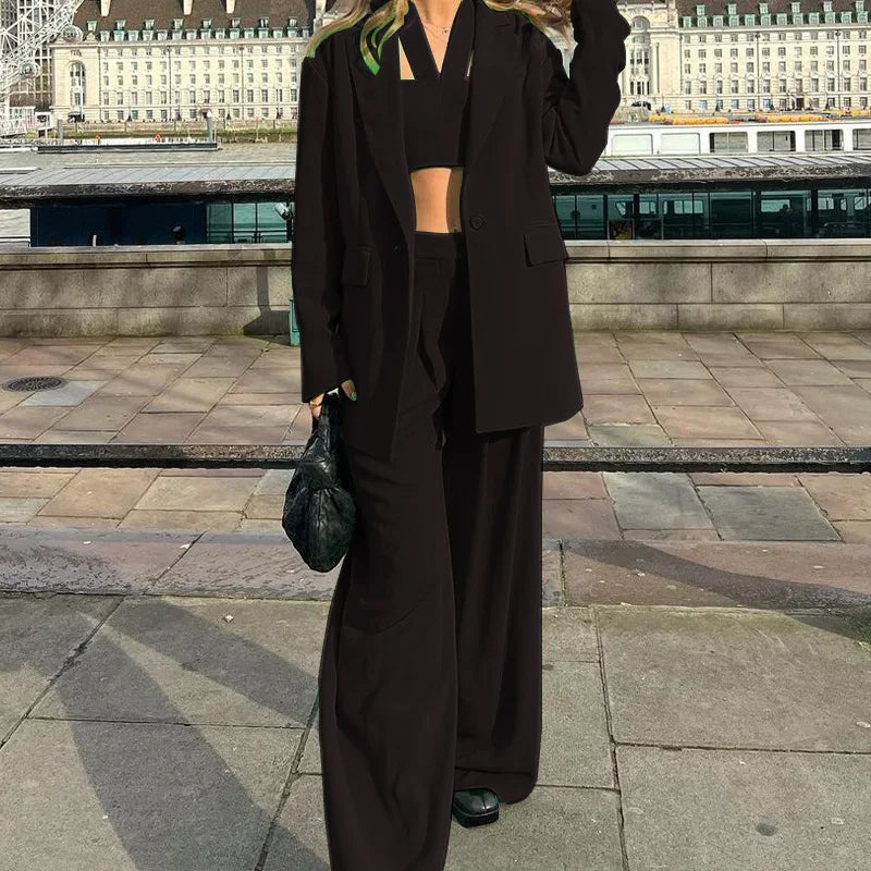 Women Tracksuit Three Pieces Set Turn Down Collar Cardigan Single Button Solid Outerwear Pockets Wide Leg Pants Office Lady Aviola