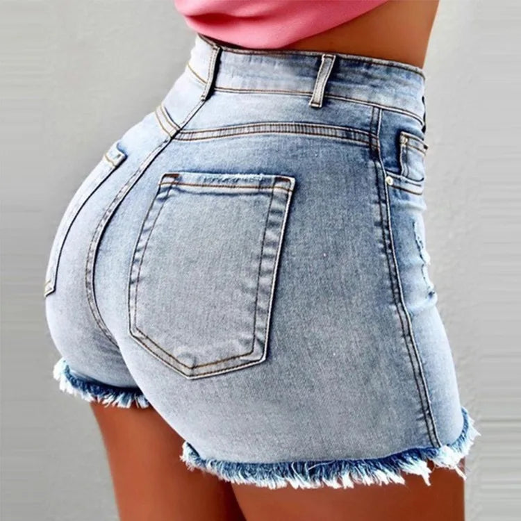 Shorts Denim Women Holes Jeans Mom Skinny High Waist Pockets Zipper Fly Blue Tassel Slight Strech Streetwear 2025 Sexy Bodycon Aviola