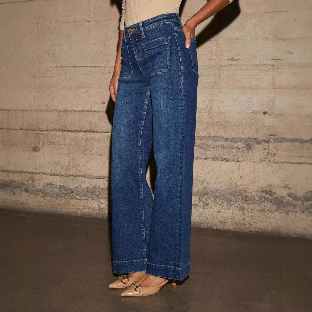 Wide Leg Pants Women Jeans Denim Long Pants Straight Trousers Vintage Button Pocket Blue Simple Loose Y2k High Waist Streetwear Aviola