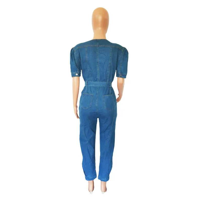 Sexy Denim Jumpsuit for Women Lace-up Pencil Pant Jeans Short Sleeve Sashes Long Rompers Playsuits One Piece Overalls Outfits Aviola
