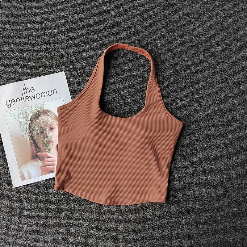 2023 Summer Sexy Sports Bra Rib Sport Top Underwear Women's Running Gathered Bra Hanging Neck Fitness Vest Fixed Padded Yoga Bra Aviola
