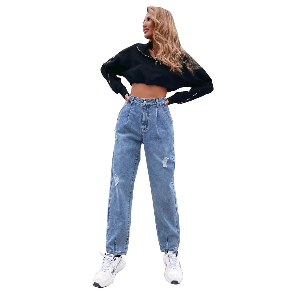 Distressed Women Jean Straight Pants High Waist Ankle Length Jeans Ripped Loose Fit Basics Washed Denim Pants Hole Autumn Aviola