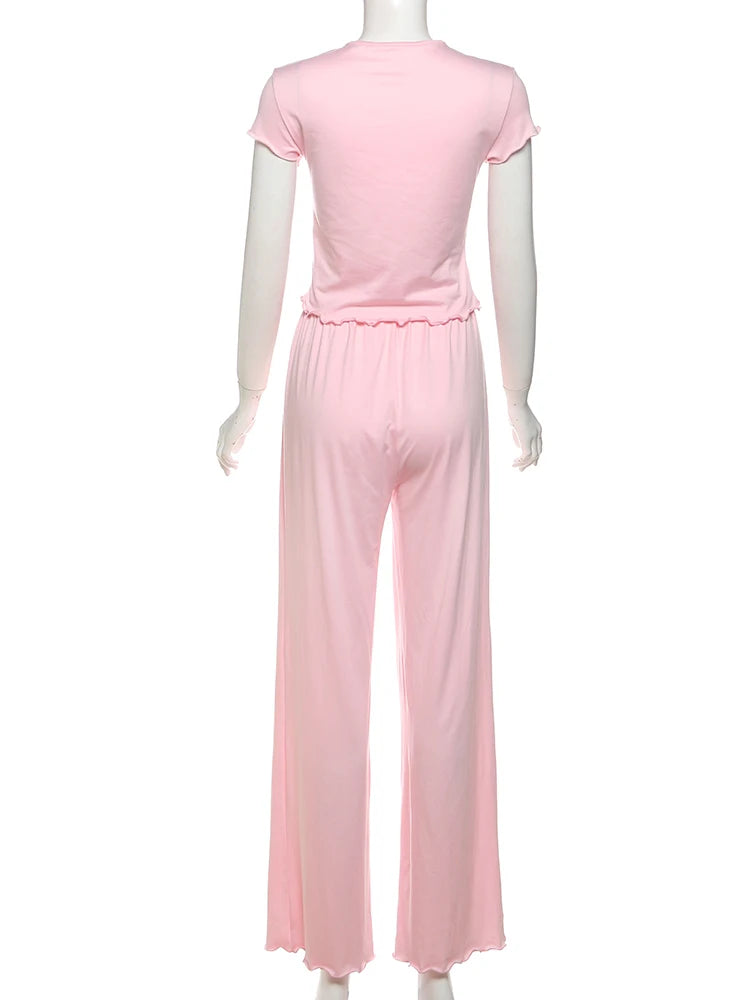 Nibber Classic Ruffles 2 Piece Set Women Tracksuit Casual Simple Summer Crop Tops+Pants Matching Street Solid Stretch Outfits Aviola