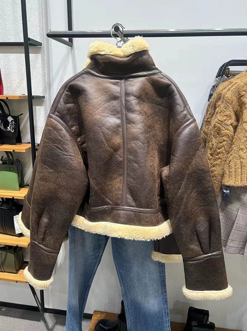 RARF 2025 New Autumn Winter Women Faux Lamb Fur Short Jacket Vintage Female Moto Biker Zipper Thick Warm Coat Fleece Outwear Aviola