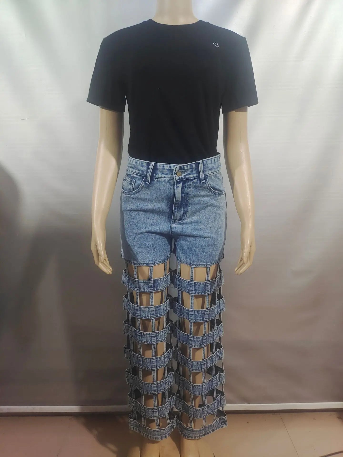 Denim Pant Women Jeans Long Pants Hollow Out High Waist Straight Mom Trousers Y2k Streetwear Elegant Splice Hole Casual Work Aviola