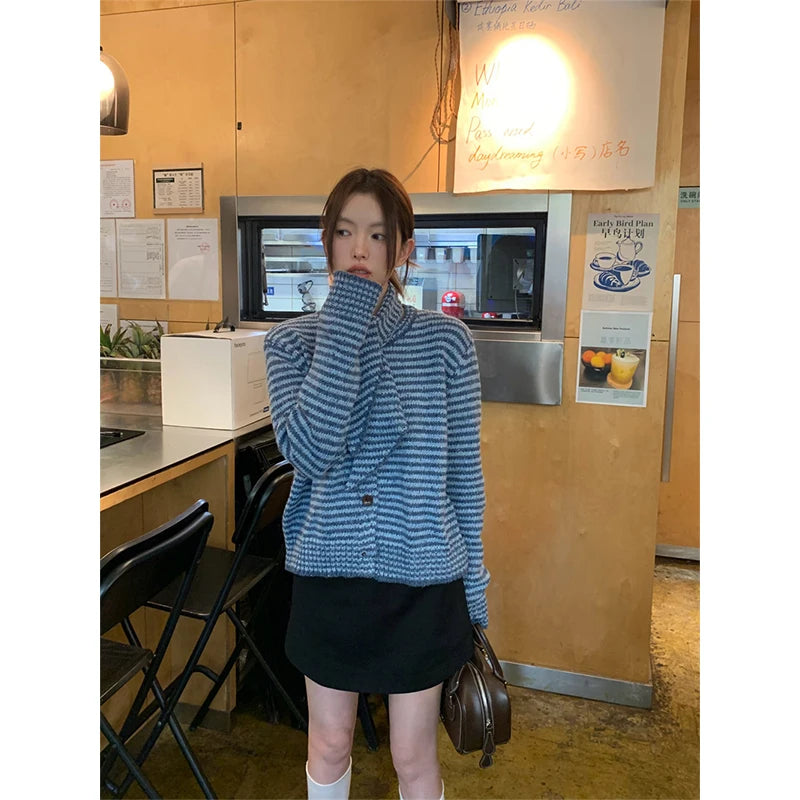 MEXZT Vintage Striped Knitted Cardigan Women Elegant Scarf Sweater Outerwears Korean Long Sleeve Knitwears Winter Casual Jumpers Aviola