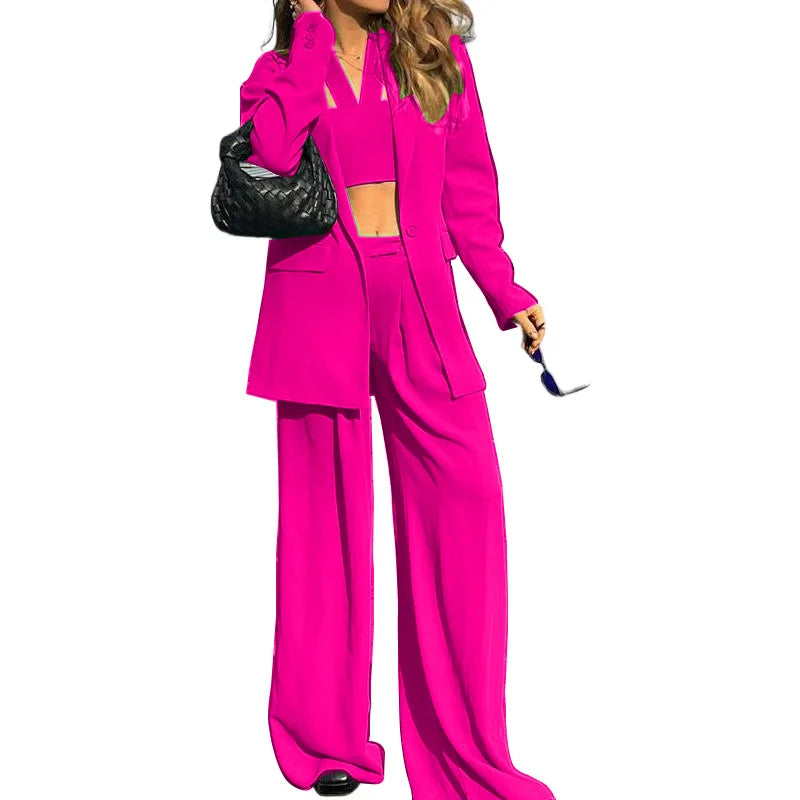 Women Tracksuit Three Pieces Set Turn Down Collar Cardigan Single Button Solid Outerwear Pockets Wide Leg Pants Office Lady Aviola
