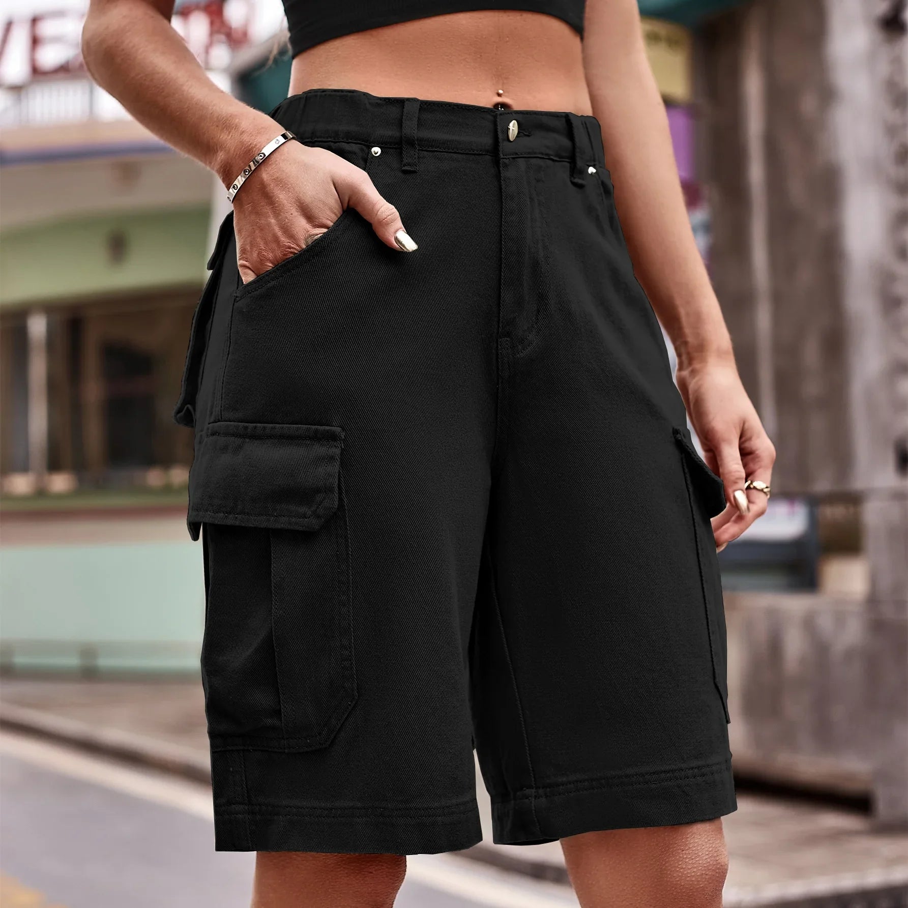 Mom Jeans Women Knee Length Cargo Pants Vintage Multiple Pockets Elastic Waist Female Streetwear Straight Party Denim Party 2025 Aviola