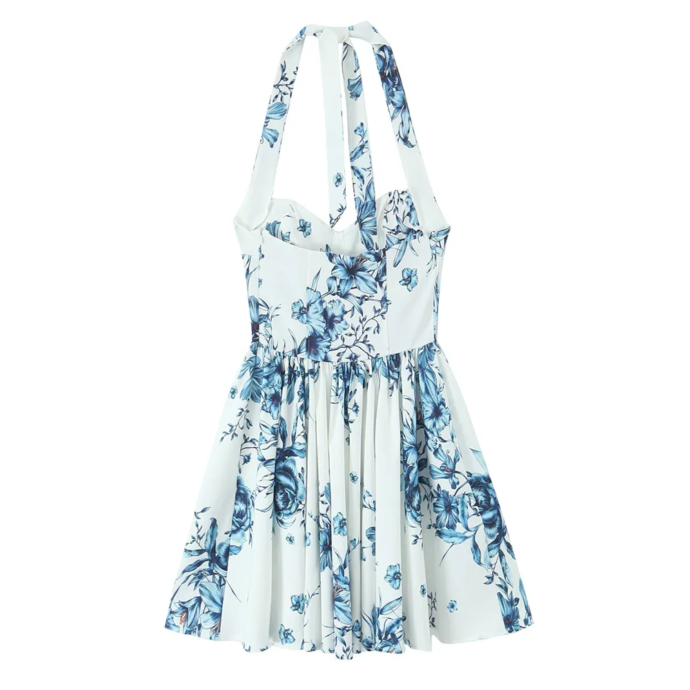 BM&MD&ZA2025Flower Print Halter Collar Summer New Arrivals Women's Backless Casual A-line Dress Short Skirt Aviola