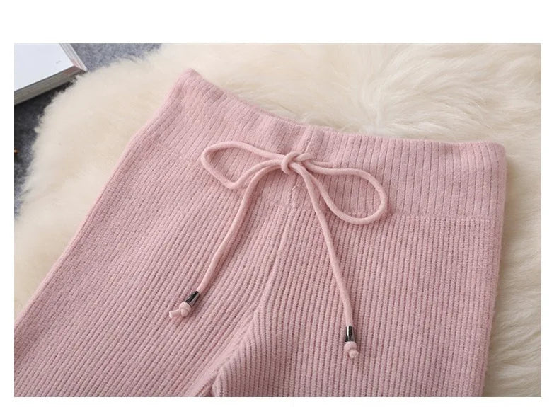 Women Tracksuit Thick Sweater Autumn Winter Knitted Two Piece Set Top+Knitted wide leg Pant Warm Sweater Elastic Trousers Suits Aviola