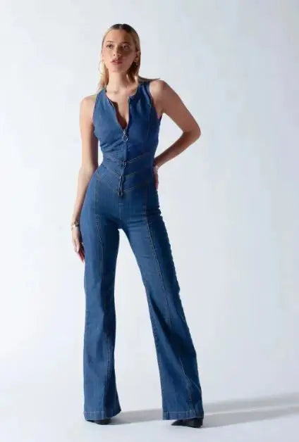 One Piece Denim Jumpsuit Summer New Slim Thin Backless High Waist Overalls Jeans Sleeveless Zipper V Neck Rompers Long Pants Aviola