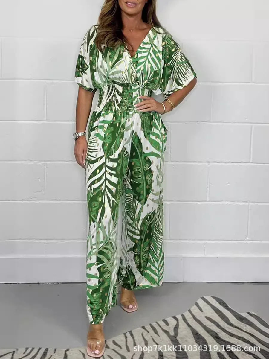 Rompers Women V Neck Jumpsuits Ankle Length Wide Leg Pants Print Pullover One Piece Y2k Streetwear Loose Casual Pockets Aviola