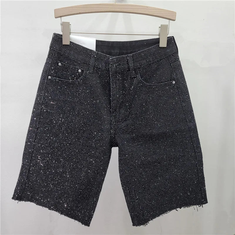 Denim Shorts Women Short Pants Diamonds High Waist Distressed Washed Y2k Punk Knee Length Streetwear Summer 2025 Straight Jeans Aviola