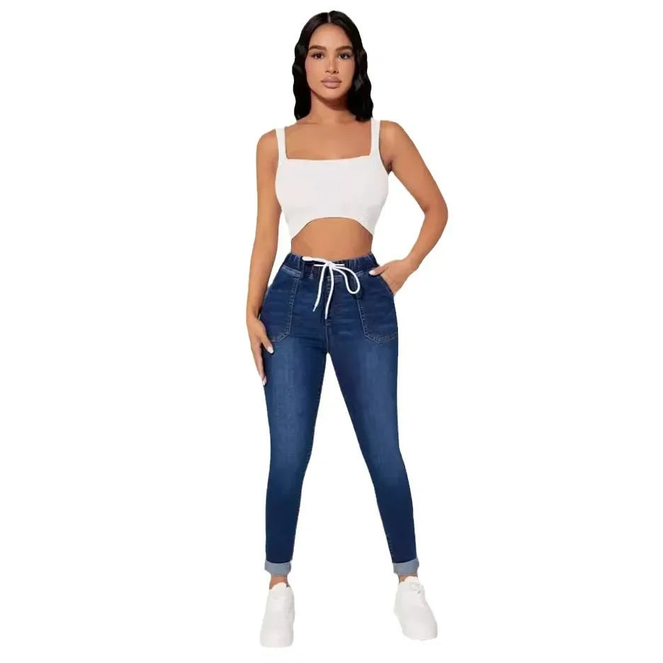 Stretch Pencil Pants Women High Waist Lace Up Distressed Denim Ankle Length Trousers Slim Denims 2025 Streetwear Vintage Jeans Aviola