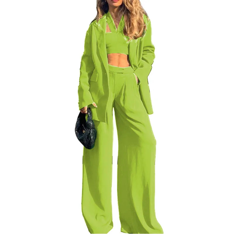 Women Tracksuit Three Pieces Set Turn Down Collar Cardigan Single Button Solid Outerwear Pockets Wide Leg Pants Office Lady Aviola