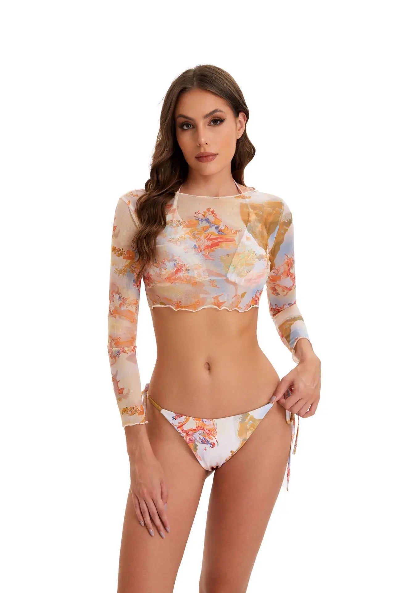 2025 New Sexy Bikini Three-piece Set Women Thong Print Swimsuit Low Waist Summer Mesh Blouse Swimming Pool Bikini Set Brazil Set Aviola