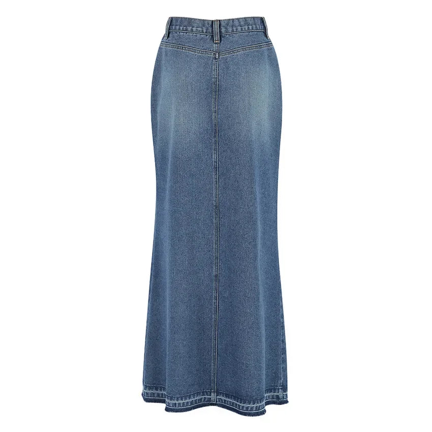 Denim Long Skirt Women Split Skirts Stretch High Waist Pockets Washed Distressed Mom Jeans 2025 Summer Streetwear Vintage A Line Aviola