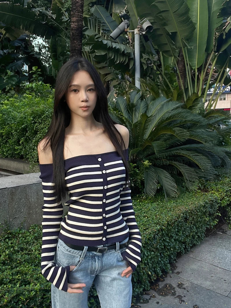 MEXZT Vintage Striped Sweater Women Sexy Cropped Slash Neck Knitted Pullovers Streetwear Korean Knitwears Winter Ladies Jumpers Aviola
