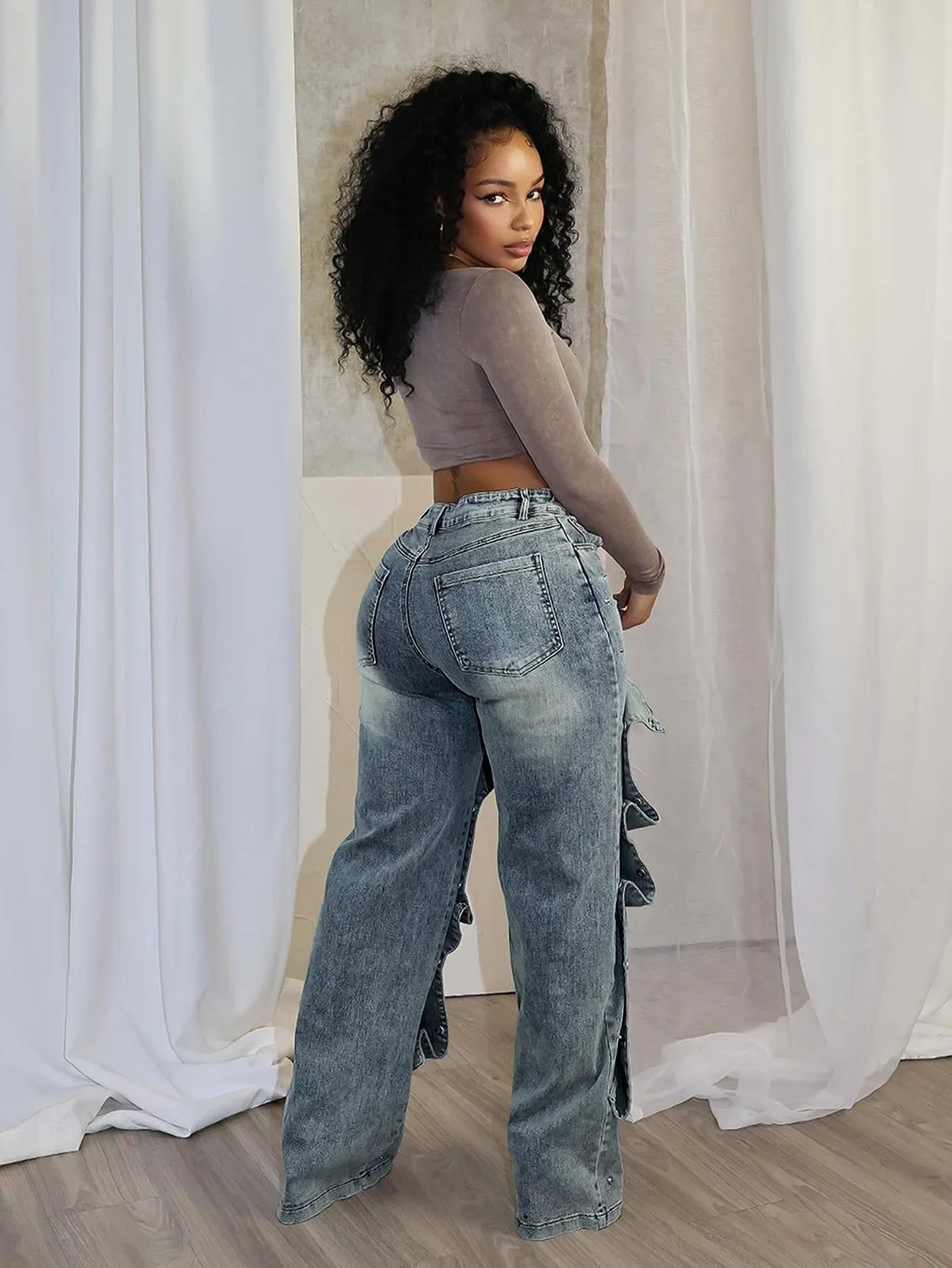 Jeans Denim Pants Women Straight Button Pockets High Waist Mom Floor Length Washed Distressed Strech Trousers 2025 Streetwear Aviola