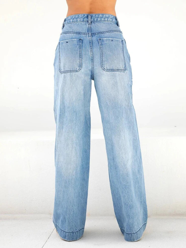 Women Jeans Wide Leg Pants Denim Pockets Streetwear Loose High Waist Full Length Washing Zipper Fly Flat Solid Color 2024 Aviola