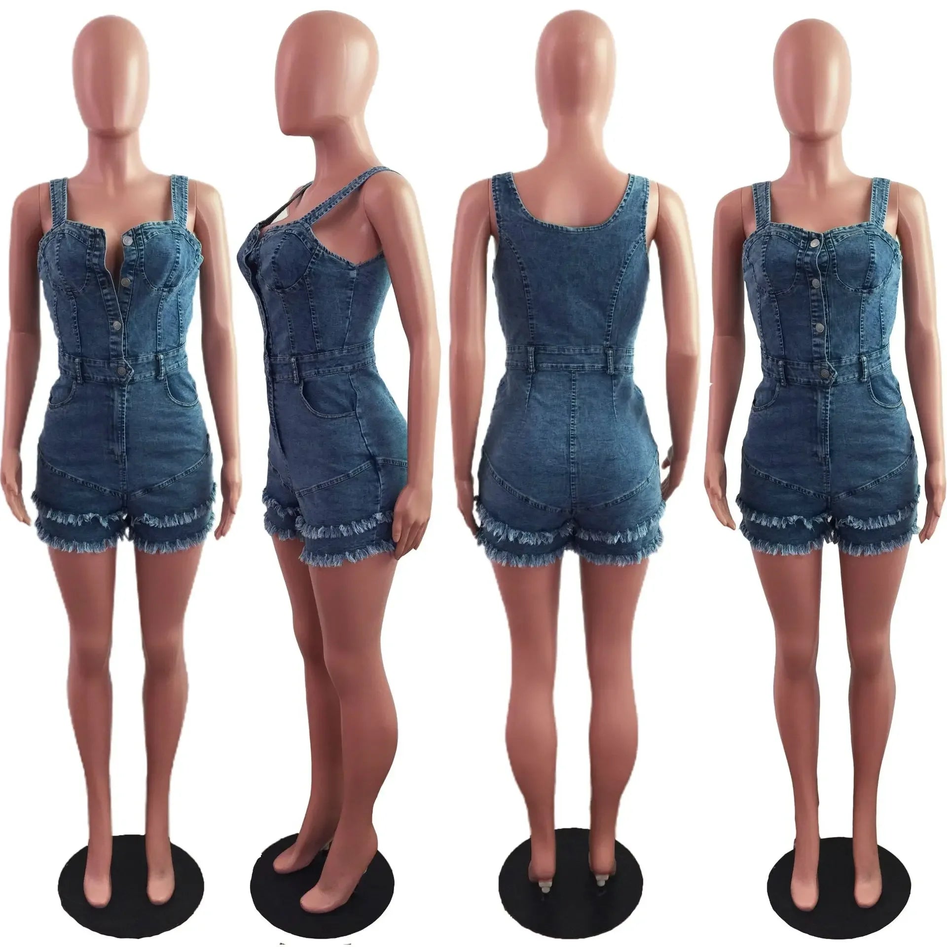 Women Denim Rompers Shorts Jeans Overalls High Waist Spliced Washed Jean Tassel Pockets One Piece Casual Skinny Solid 2025 Aviola