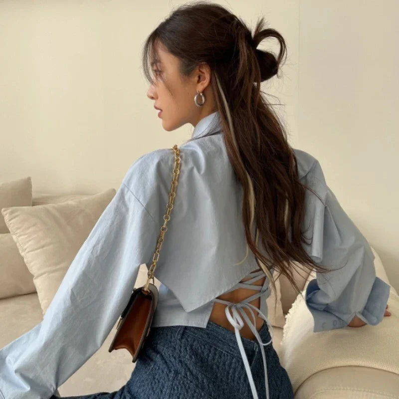 MEXZT Korean Long Sleeve Shirt Women Sexy Strap Backless Chic Blouse Office Lady Slim Lace Up Turn Down Collar Casual Top Aviola