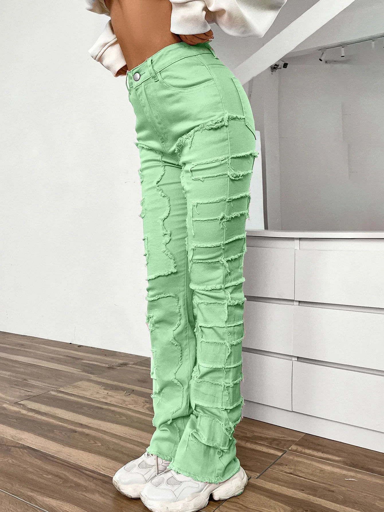 Women Jeans Denim Straight Pants Spliced Patchwork High Street Slim Fit Pockets Mid Waist Washing Zipper Slight Srech 2024 Aviola