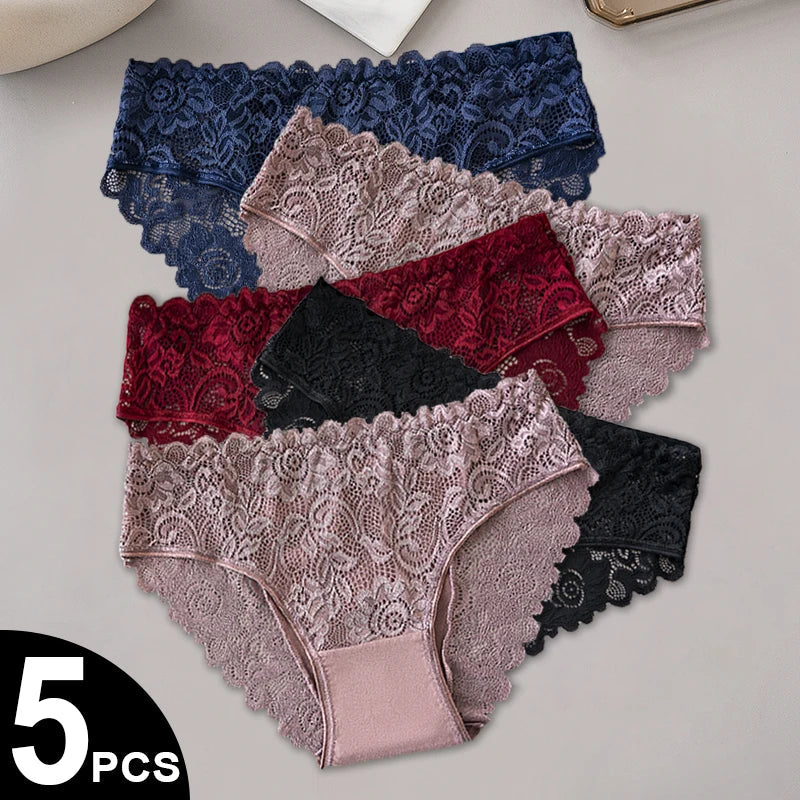 5PCS/Set Middle Waist Cotton Lace Patchwork Solid Color Floral Panties Women's Briefs Breathable Sexy Female Underwear Lingerie Aviola