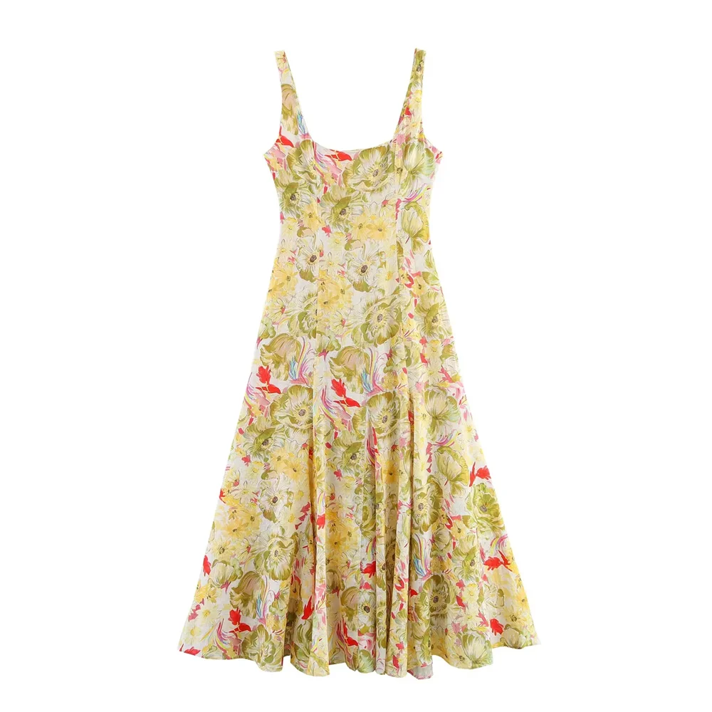 BM&MD&ZA2025simple casual sweet floral square neck suspender dress long skirt summer new women's clothing Aviola